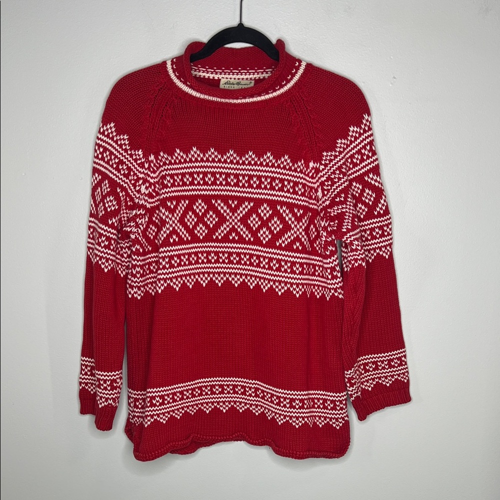 Vintage Eddie Bauer 100% Cotton Nordic Red and White Sweater size Small - Picture 2 of 11